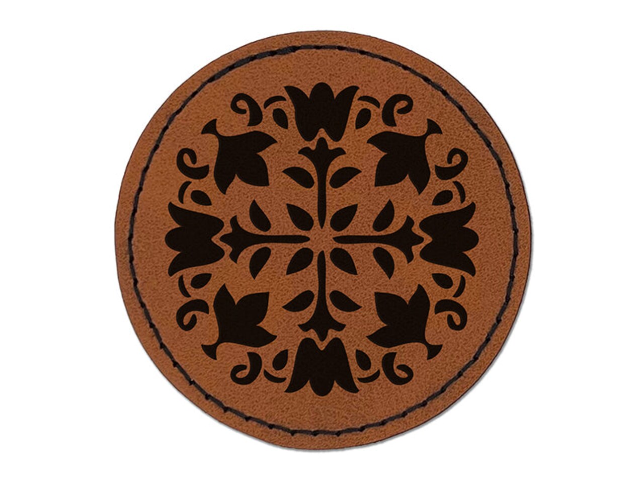 Decorative Floral Arabesque Pattern with Flowers and Leaves Round Iron-On Engraved Faux Leather Patch Applique - 2.5"